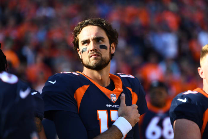 Denver Broncos quarterback Brock Osweiler (17) before the game against the New York Jets at Sports Authority Field at Mile High.